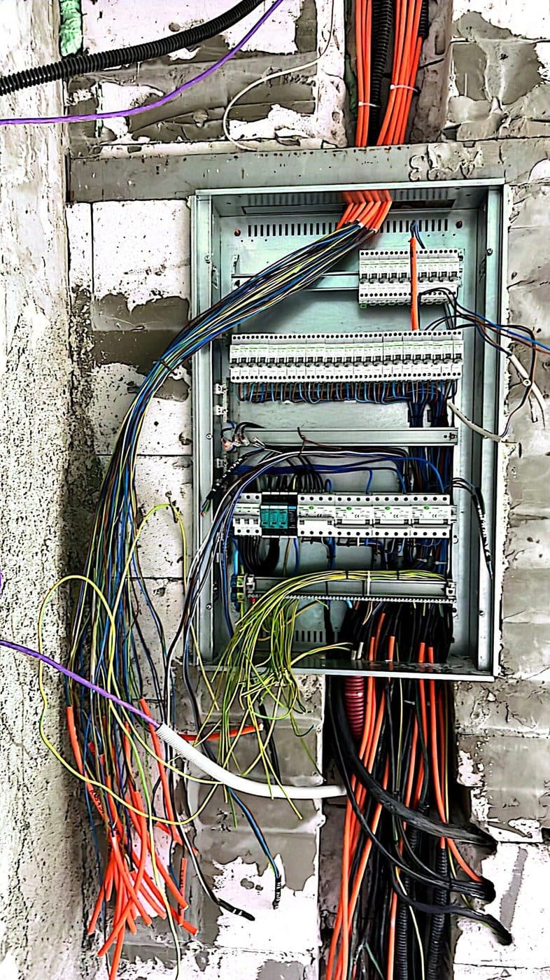 Geöffneter Verteilerkasten in einer Mauerwerkswand mit Hutschienen, Klemmen und bunter Verdrahtung