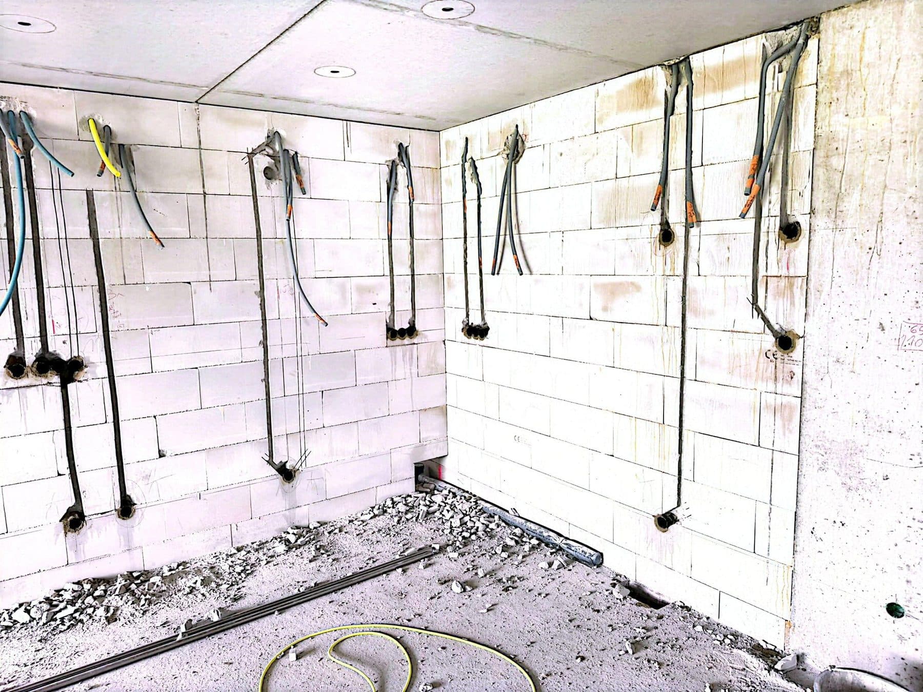 Rohbauraum mit Wänden aus Porenbeton, Leitungen zu den Dosen, Bauschutt und gelbem Schlauch am Boden